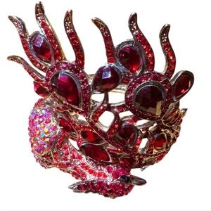 YACQ Big Peacock Silver-Tone Hinged Cuff Bracelet w Red &Iridescent Red Crystals